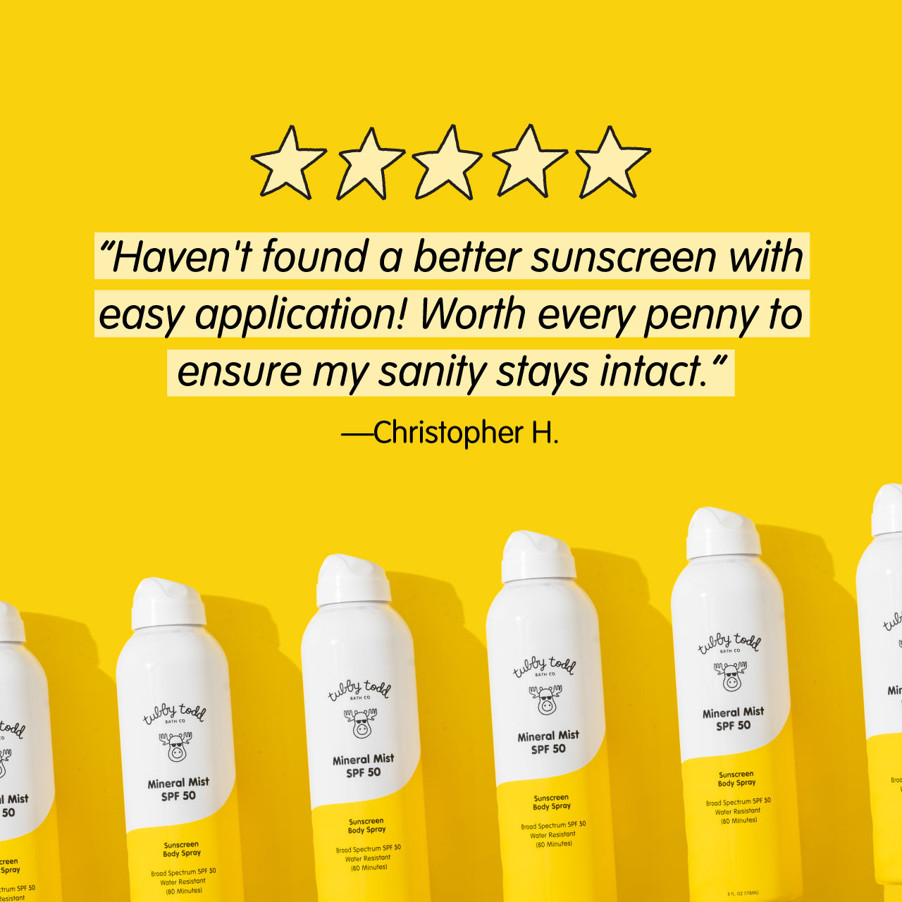 Sunscreen bottles with a five-star rating and customer review on a yellow background